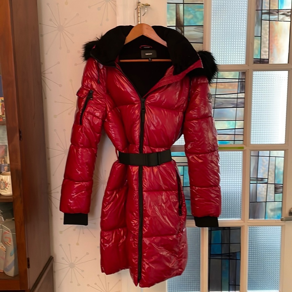 DKNY knee length puffer coat with faux fur hood.